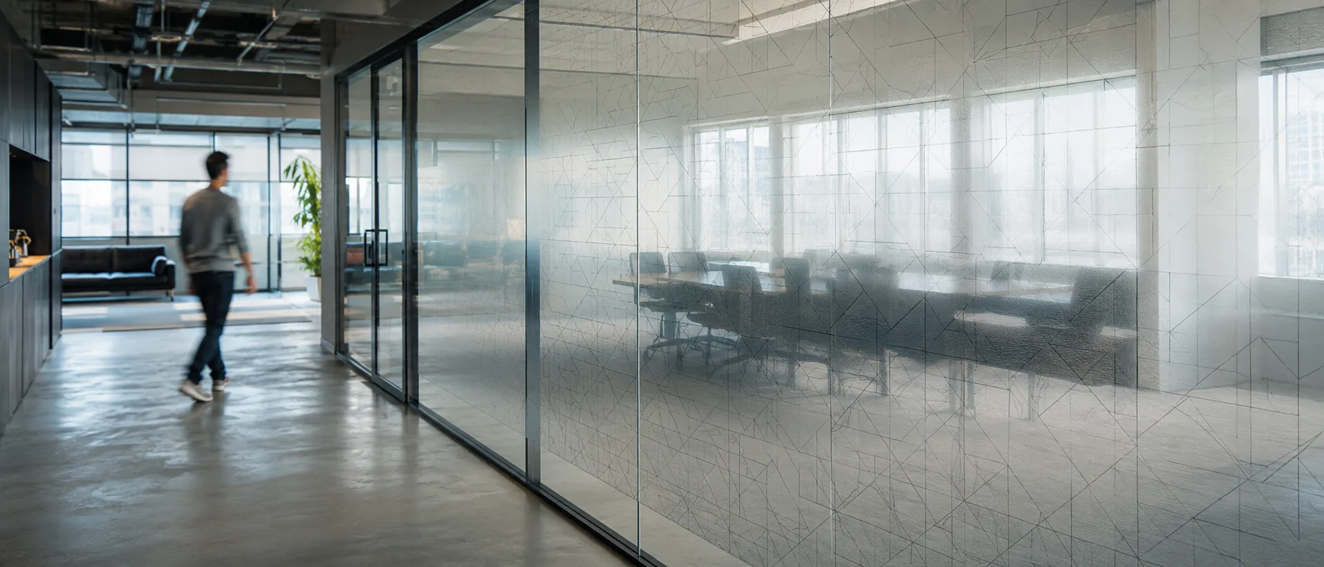 Corporate Office mit geometrischer Designfolie auf Glastrennwand