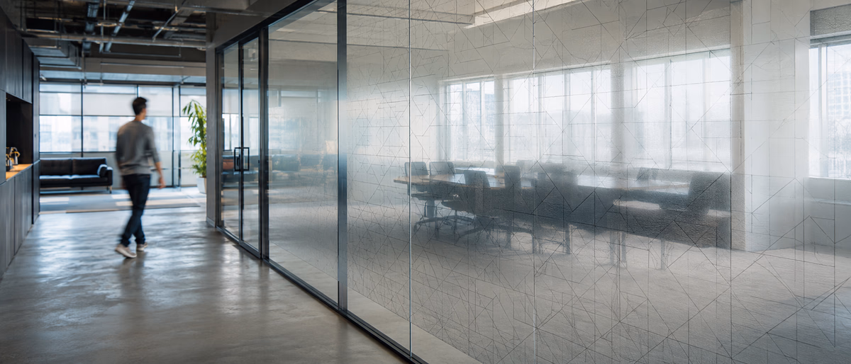 Corporate Office mit geometrischer Designfolie auf Glastrennwand