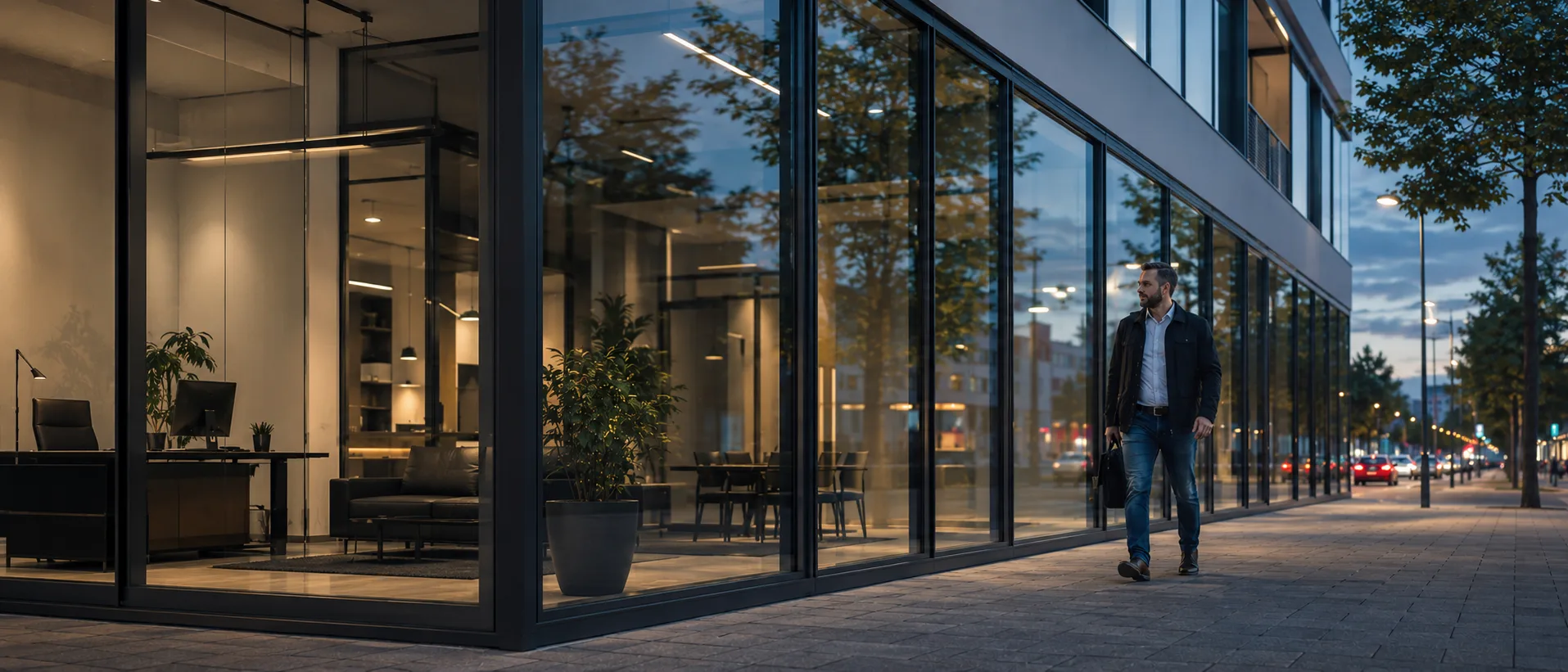 Ladengeschäft-Glasfront in der Dämmerung, dezenter Schutz