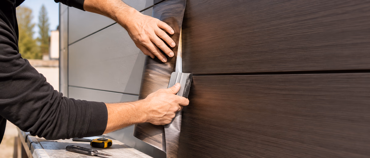 Handwerker bringt Architekturfolie auf Fassadenpaneel auf