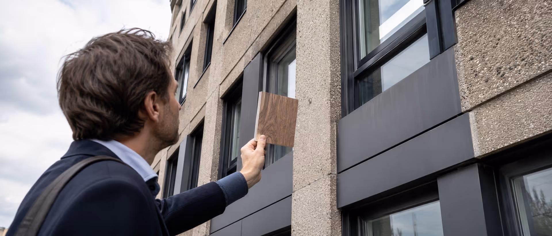Architekt vergleicht Materialprobe mit Bestandsfassade