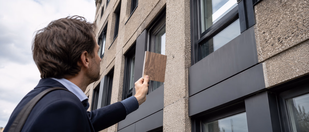 Architekt vergleicht Materialprobe mit bestehender Bürofassade in Frankfurt