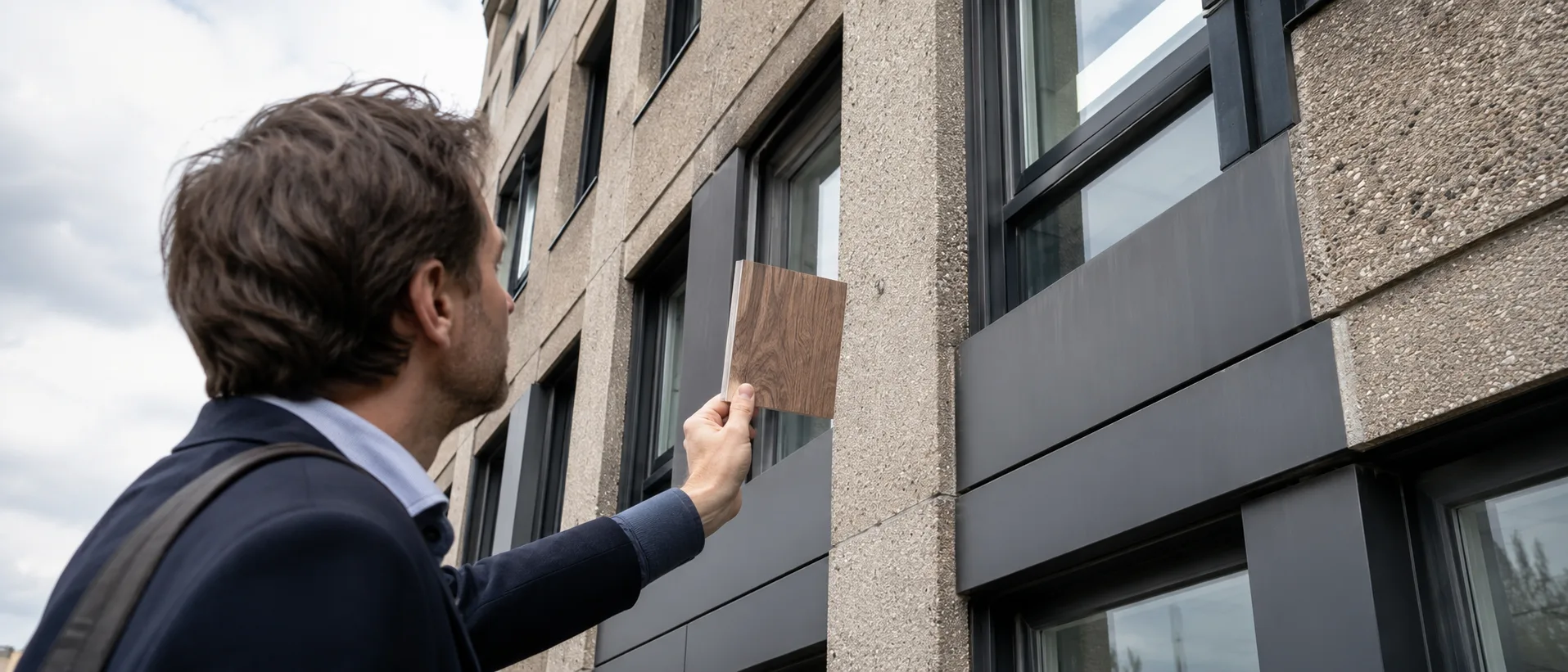 Architekt vergleicht Materialprobe mit bestehender Bürofassade in Frankfurt
