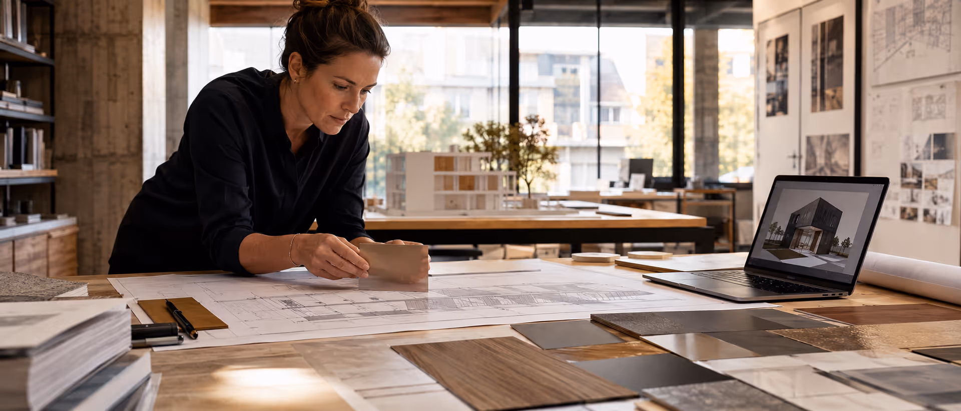 Architektin recherchiert mit Materialproben am Plantisch in warmem Tageslicht