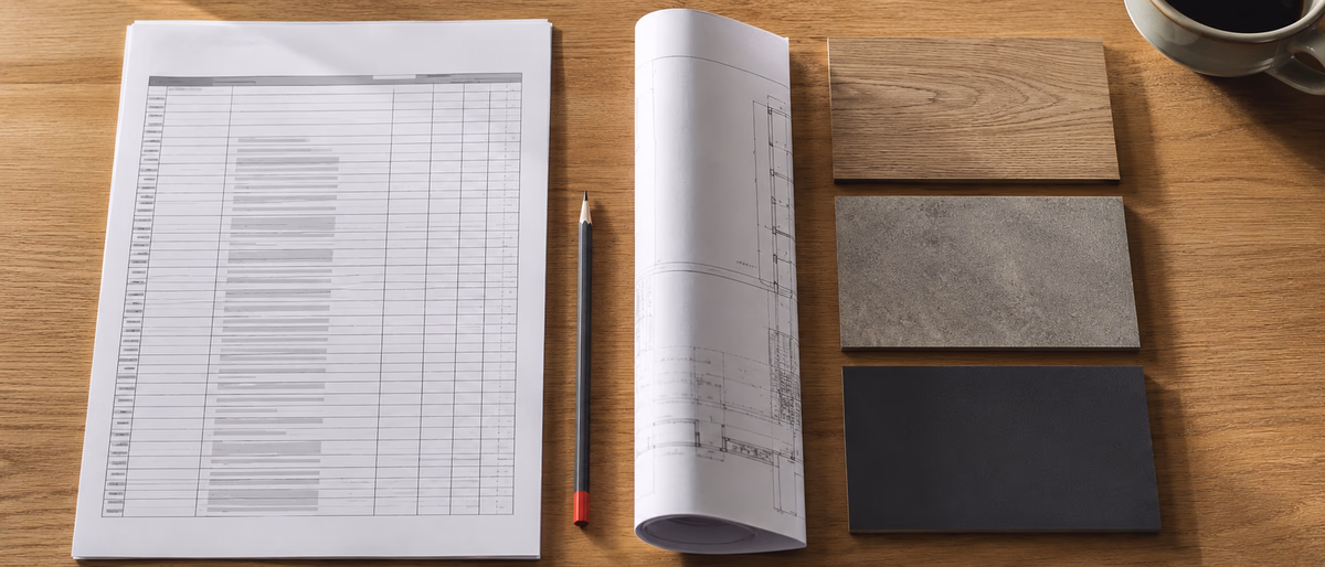 Architekten-Schreibtisch von oben mit Leistungsverzeichnis, drei Folienproben und Bauplan