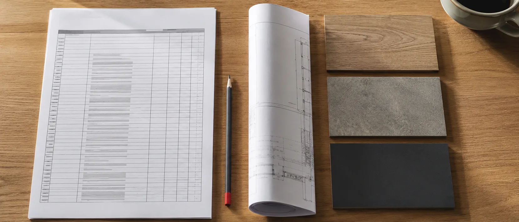 Architekten-Schreibtisch von oben mit Leistungsverzeichnis, drei Folienproben und Bauplan