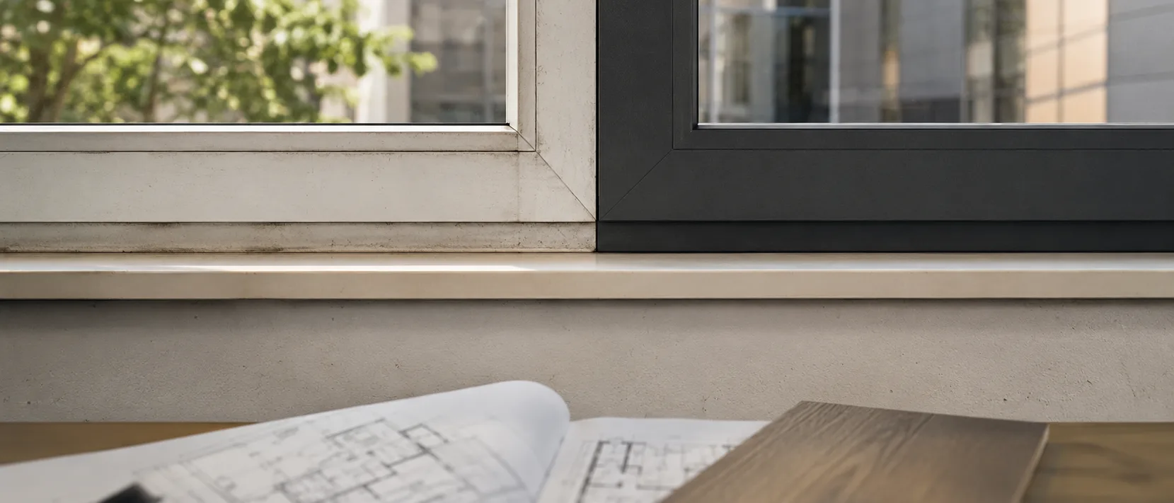 Fensterrahmen zur Hälfte foliert in Anthrazit, zur Hälfte im Originalzustand: Vergleich Folierung vs. Austausch