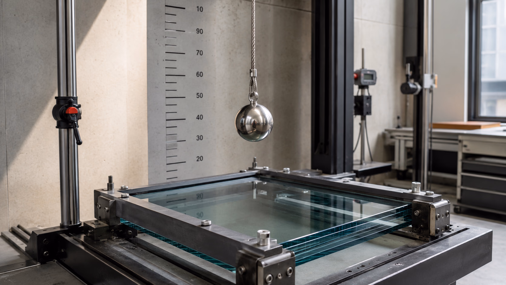 Materialprüfstand mit Stahlkugel über einer eingespannten Sicherheitsglas-Probe für die EN-356-Prüfung