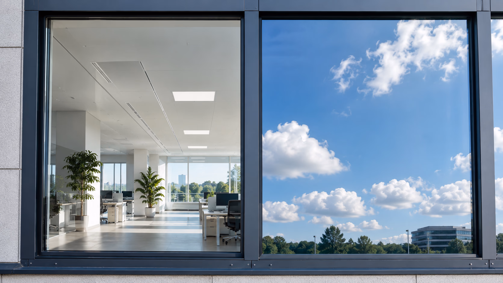 Zwei benachbarte Glasscheiben im Direktvergleich: links eine nahezu unsichtbare spektralselektive Folie mit klarer Durchsicht ins Büro, rechts eine verspiegelte Folie, die den Himmel reflektiert