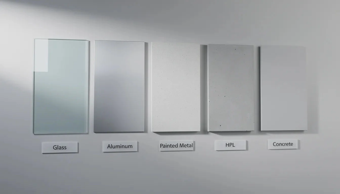 Das Bild zeigt verschiedene Fassadenmaterialien, die für die Gebäudefolierung geeignet sind. Zu sehen sind Beispiele für Folienlösungen und Oberflächen, die sowohl ästhetische als auch funktionale Vorteile bieten, wie UV-Schutz und Sichtschutz.