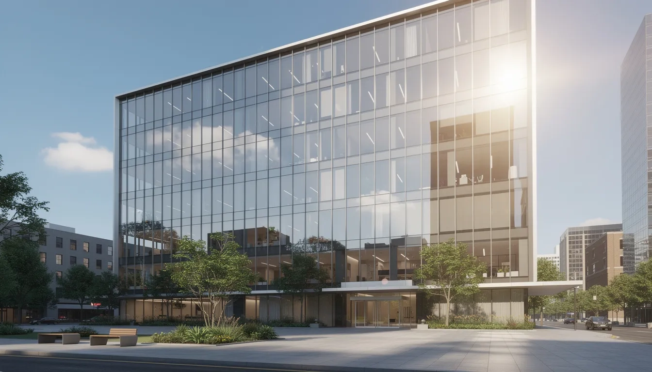 Das Bild zeigt ein modernes Bürogebäude mit einer großen Glasfassade, die von intensiver Sonneneinstrahlung beleuchtet wird. Um den Komfort der Innenräume zu erhöhen und UV-Strahlen sowie Hitze zu reduzieren, könnten Sonnenschutzfolien für Fenster installiert sein, die sowohl Blendreduzierung als auch Wärmereduzierung bieten.