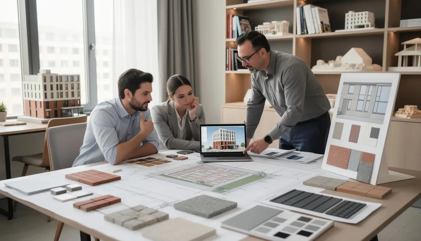 Ein Architekt berät Kunden über verschiedene Möglichkeiten zur Fassadensanierung, wobei er Optionen wie Gebäudefolierung und Sonnenschutzfolien präsentiert. Die Beratung findet in einem hellen Raum statt, in dem Materialien und Beispiele für die Fassadengestaltung ausgestellt sind, um die Ästhetik und Funktionalität der Renovierung zu verdeutlichen.