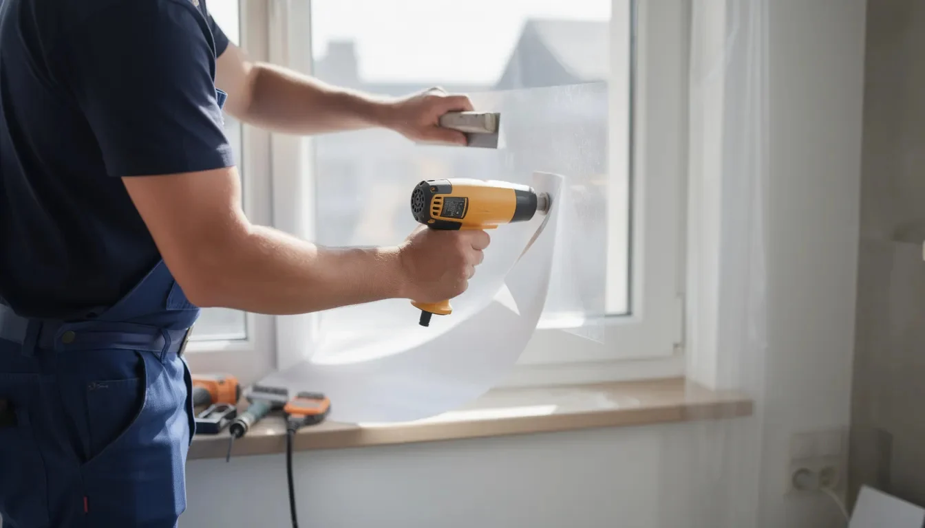 Arbeitsablauf: So geht ein Folierer Schritt für Schritt vor Ein Handwerker foliert einen Fensterrahmen mit einer speziellen Klebefolie, während er ein Heißluftgebläse zur Anpassung der Folie verwendet. Der Prozess verbessert die Optik des Fensterrahmens und bietet Schutz vor UV-Strahlung sowie Wärme.