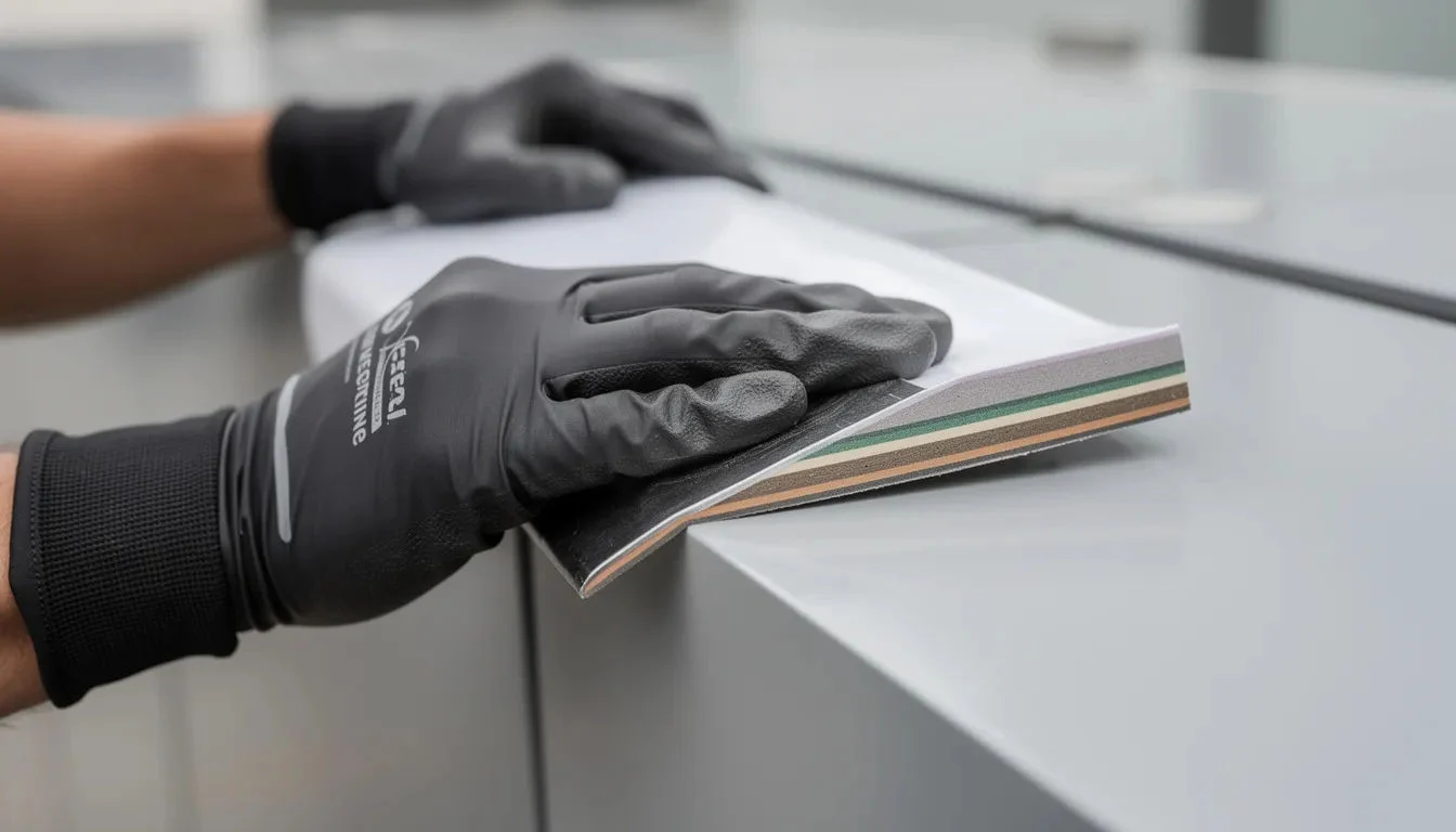 Nahaufnahme der Anwendung einer hochleistungsfähigen Fassadenfolie auf einem Gebäude, die sowohl ästhetische als auch funktionale Vorteile bietet, wie UV-Schutz und Sichtschutz für die Glasflächen. Die Montage erfolgt sorgfältig, um ein optimales Ergebnis für die Gebäudefolierung zu gewährleisten.