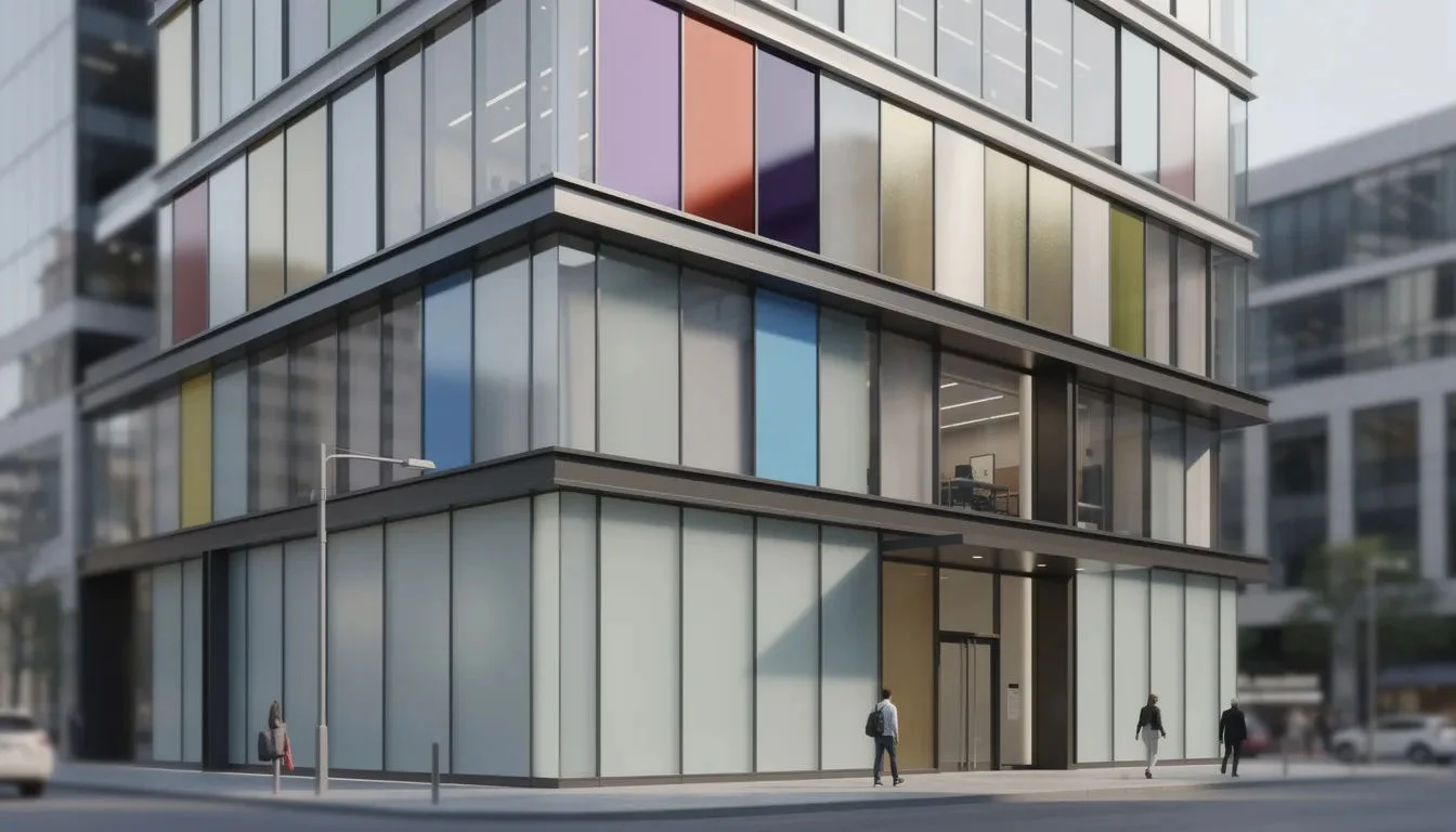 Das Bild zeigt eine moderne Gebäudefassade, die mit Hochleistungsfolie gestaltet wurde. Diese Fassade kombiniert Ästhetik und Funktionalität, bietet Sichtschutz und UV-Schutz und trägt zur Verbesserung des Raumklimas bei.