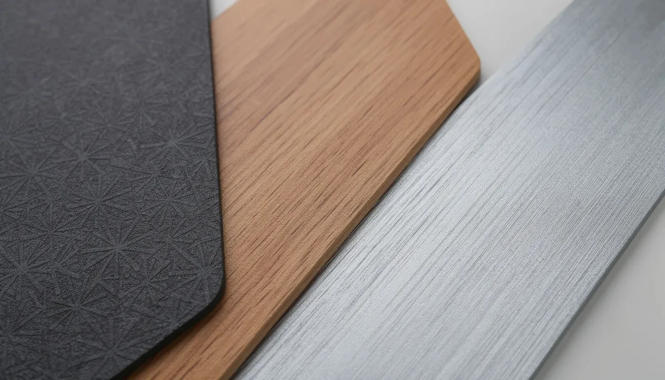 Welche Fensterrahmen kann ein Folierer bearbeiten? Die Nahaufnahme zeigt verschiedene Folienmuster in Anthrazit, Holzoptik und gebürstetem Aluminium-Look, die ideal für die Folierung von Fensterrahmen sind. Diese Folien bieten nicht nur eine ansprechende Optik, sondern auch Schutz vor UV-Strahlung und Wärme.