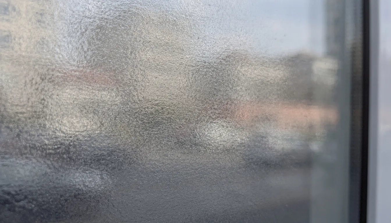 Die Nahaufnahme zeigt eine reflektierende Fensterfolie auf einer Glasscheibe, die als Sonnenschutzfolie dient und UV-Strahlen abblockt. Diese Folie reduziert die Sonneneinstrahlung und hilft, die Raumtemperatur zu regulieren, während sie gleichzeitig Blendeffekte mindert.